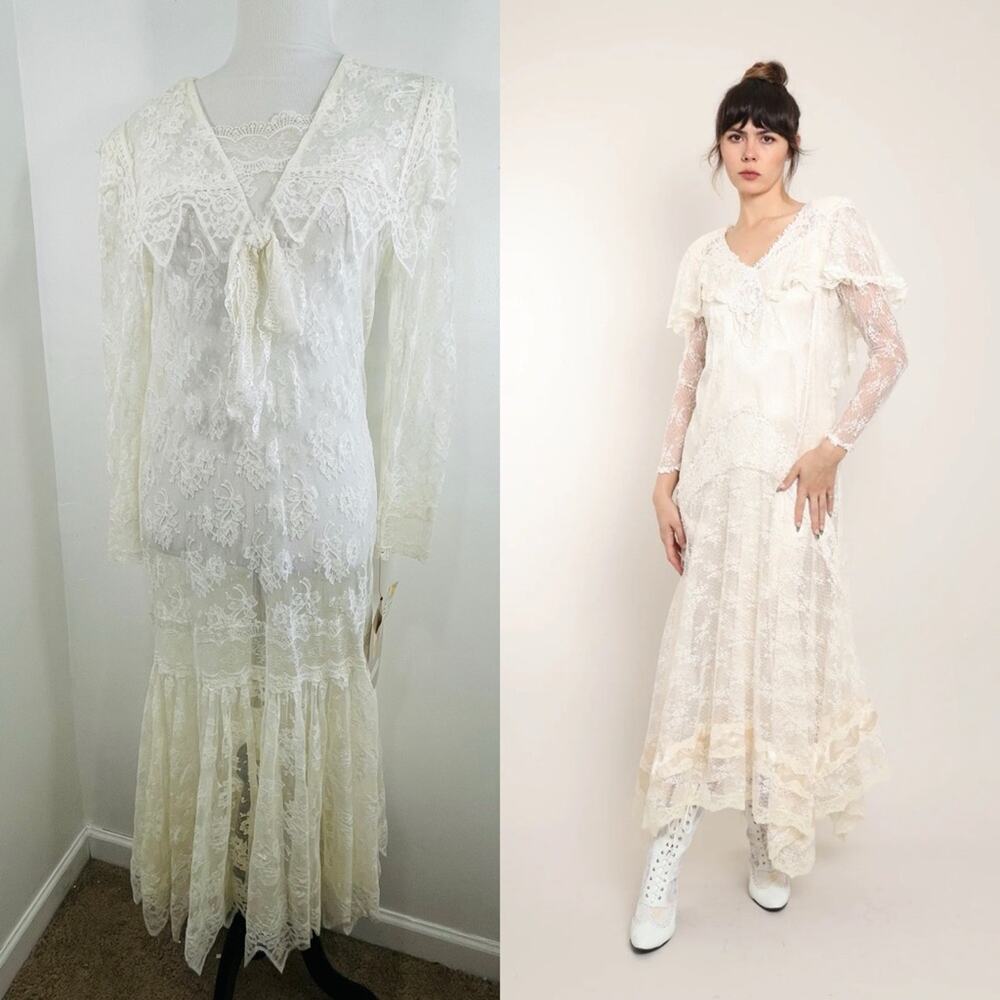 NWT Jessica McClintock 80 90s Lace Wedding Long Sleeve Dress 8 Deadstock Vintage